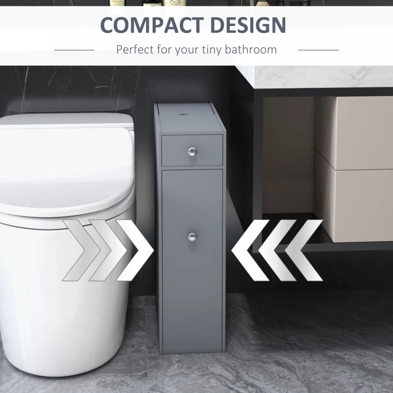kleankin Bathroom Floor Organizer Free Standing Space Saving Narrow Storage Cabinet Bath Toilet Paper Holder with Drawers Gray