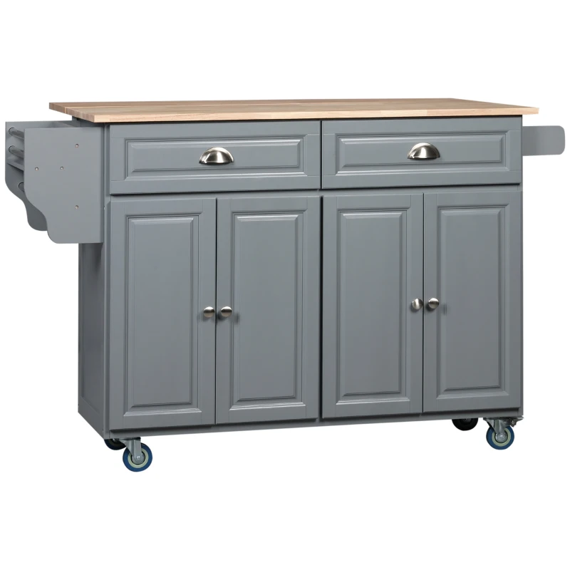 HOMCOM Rolling Kitchen Island on Wheels Utility Cart with Drop-Leaf and Rubber Wood Countertop, Storage Drawers, Door Cabinets, Grey