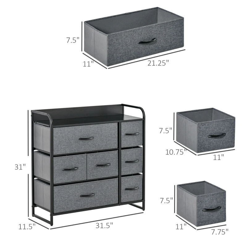 HOMCOM 3-Tier Storage Organizer for Bedroom Entryway, 7-Drawer Dresser with Steel Frame for Bedroom, Dark Gray
