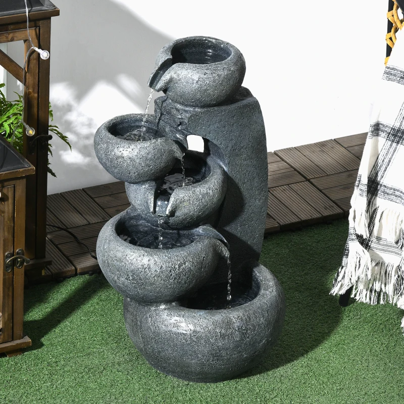 Outsunny 5-Tiered Cascading Bowls Outdoor Water Fountain with LED Lights, Adjustable Flow, 22-inch Resin Waterfall Fountain