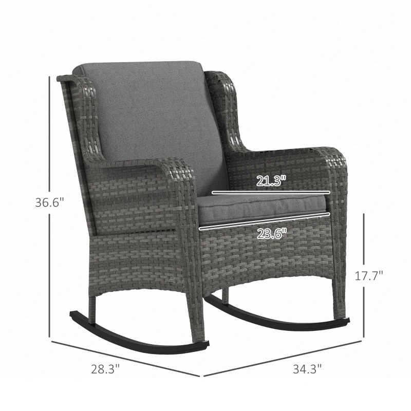 Outsunny 2 Piece Outdoor Wicker Rocking Chairs, Rattan Rockers with Cushions, Steel Frame for Patio, Garden, Backyard, Gray