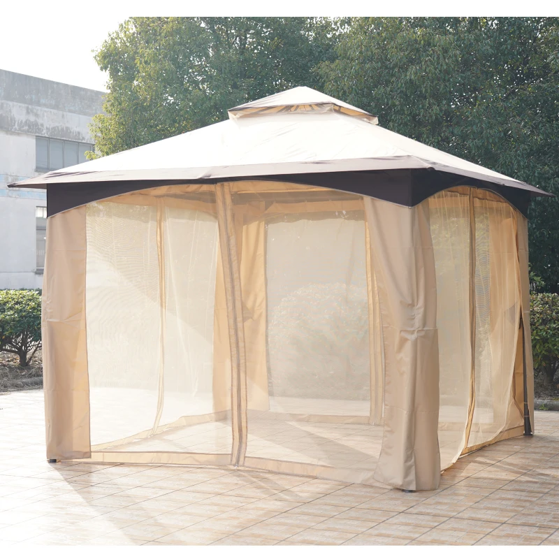 Outsunny 10' x 10' Soft Top Gazebo Canopy Tent w/ Double Roof, Eaves Design and Mesh Netting Sidewall Outdoor Patio Large Garden