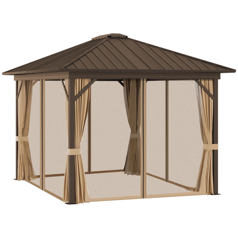 Outsunny 10' x 12' Hardtop Gazebo with Curtains and Netting, Permanent Pavilion Metal Single Roof Gazebo Canopy with Aluminum Frame and Hooks, for Garden, Patio, Backyard, Brown