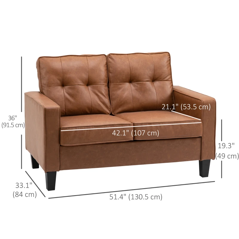 HOMCOM 51" PU Leather Loveseat, Upholstered Double Sofa Couch with Armrests, Tufted Backrest, Pocket Spring and Sponge Padded Cushion for Living Room, Bedroom, Home Office, Brown