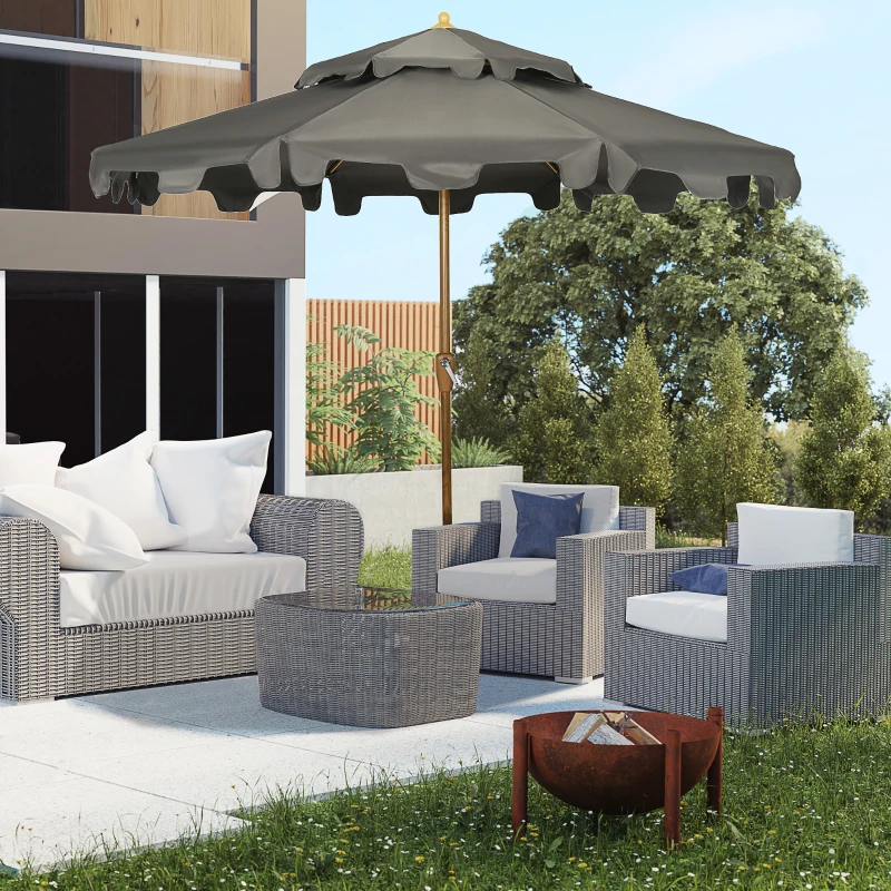 Outsunny 9' Patio Umbrella with Push Button Tilt and Crank, Double Top Ruffled Outdoor Market Table Umbrella with 8 Ribs, for Garden, Deck, Pool, Gray