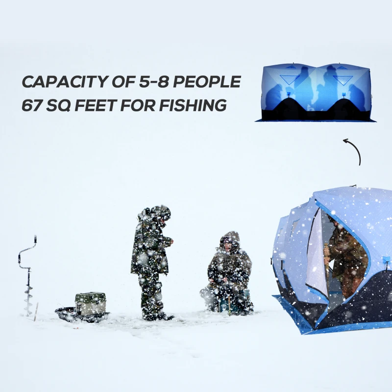 Outsunny 8 Person Ice Fishing Shelter, Pop-up Ice Fishing Tent, Ice Shanty, Portable and Insulated, with 2 Doors and Carrying Bag, Light Blue