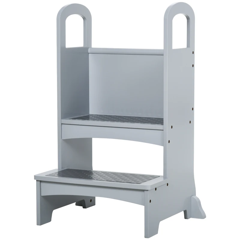 Qaba Toddler Tower Kitchen Helper for Children with 2 Non-Slip Steps and Support Handles - Grey