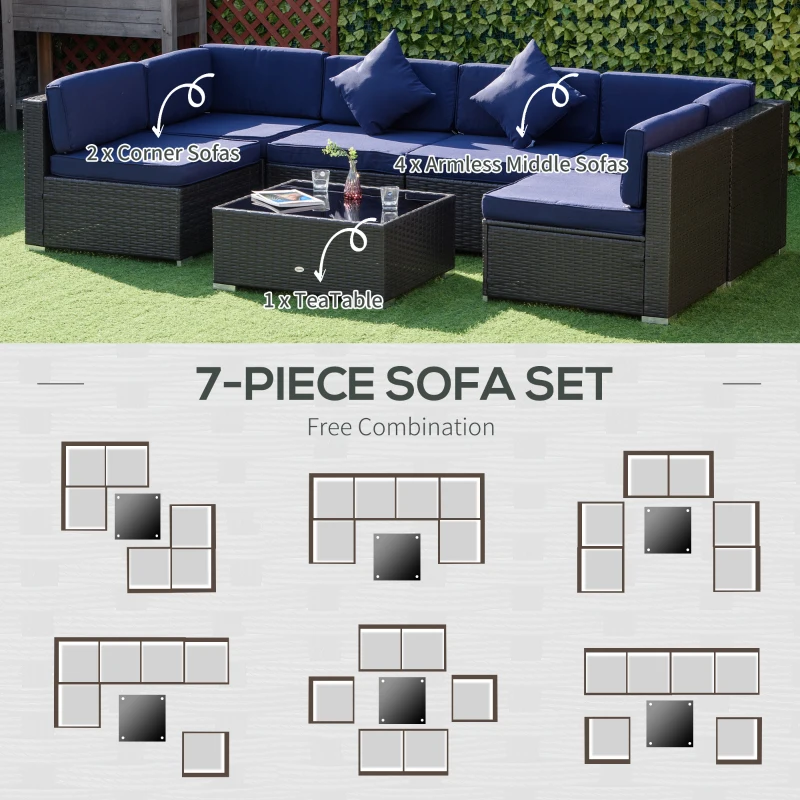 Outsunny 7 Pieces Patio Furniture Set, Rattan Outdoor Conversation Set Garden Wicker Sofa Set, Sectional Furniture, Navy