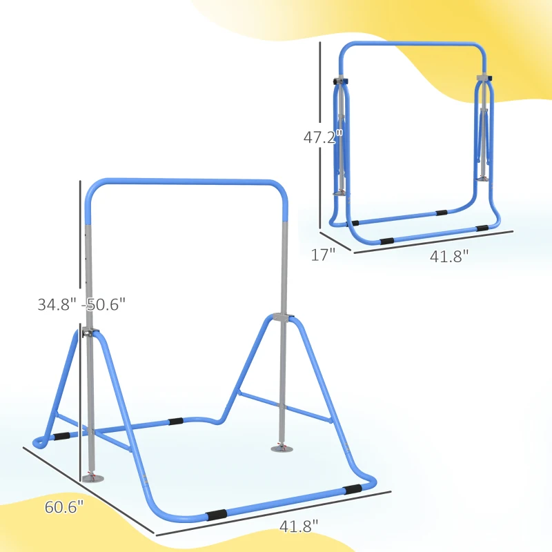 Qaba Folding Gymnastics Bar for Kids, Adjustable Height, Bubble Gum Blue
