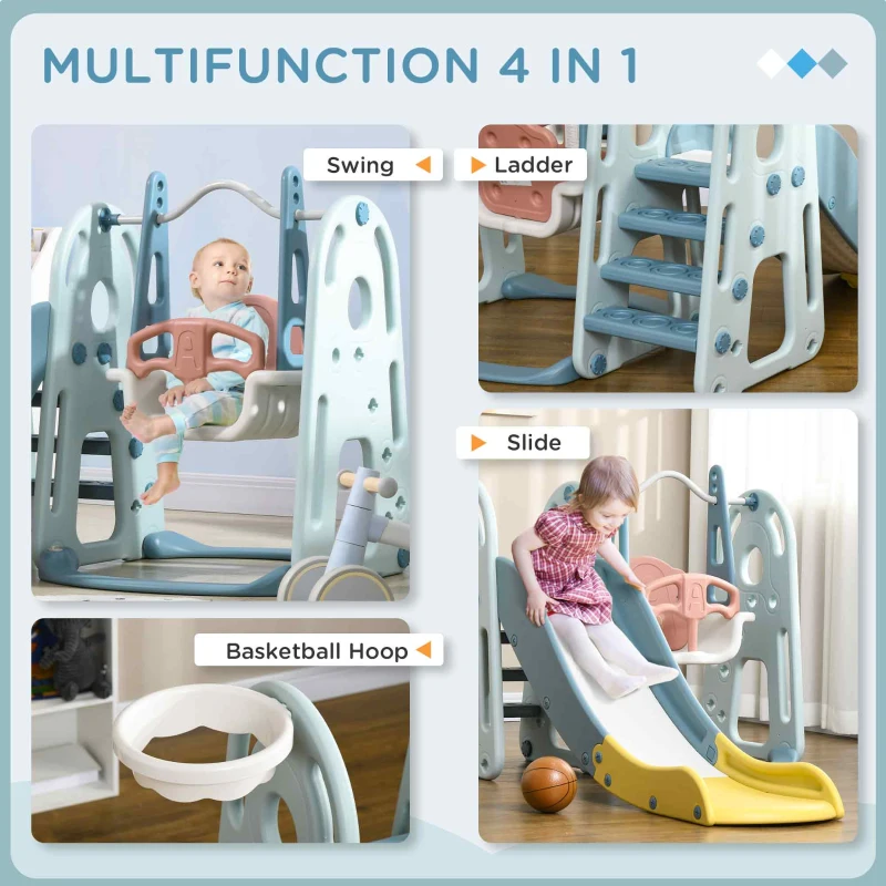 Qaba 4 in 1 Toddler Slide and Swing Set with Adjustable Seat Height and Basketball Hoop, Freestanding Kids Climber Slide Playset with Basket Ball for Indoor Playground 18-60 Months