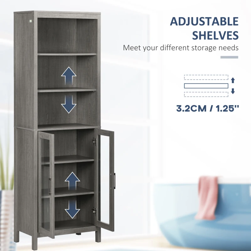 kleankin Tall Bathroom Storage Cabinet with 3 Tier Shelf, Glass Door Cabinet, Freestanding Linen Tower with Adjustable Shelves, Gray Wood Grain