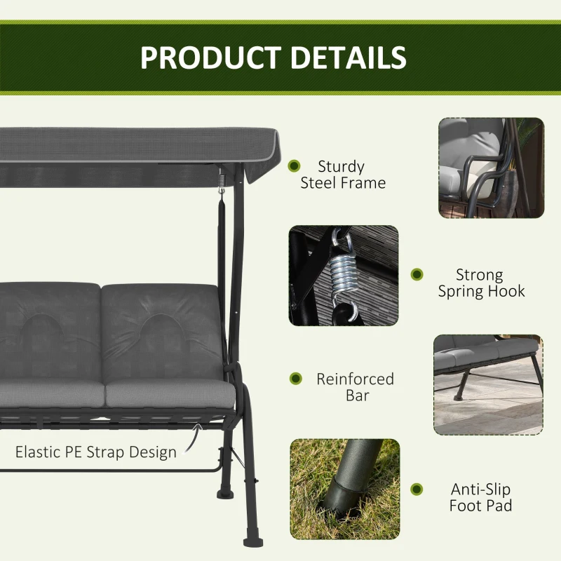 Outsunny 3-Seat Patio Swing Chair, Outdoor Swing Glider with Adjustable Canopy, Removable Thicken Cushion, and Weather Resistant Steel Frame, for Garden, Poolside, Backyard, Gray