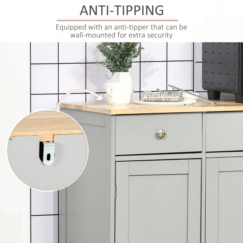 HOMCOM Kitchen Storage Cabinet, Sideboard Floor Cupboard with Solid Wood Top, Adjustable Shelf, and 3 Drawers, Gray