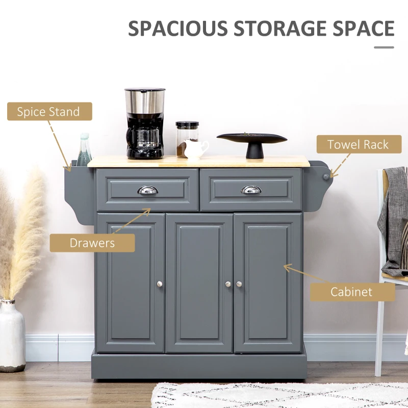 HOMCOM Triple-Cabinet Kitchen Island on Wheels, Kitchen Storage Cabinet with Drawers, Rolling Utility Cart, Dark Gray