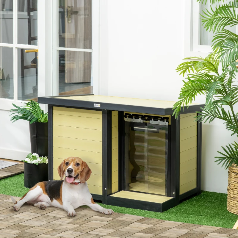 PawHut Outdoor Indoor Dog House with Openable Top, Weather Resistant Dog Kennel with Porch, Pet Furniture for Small and Medium Sized Dogs, Natural Wood