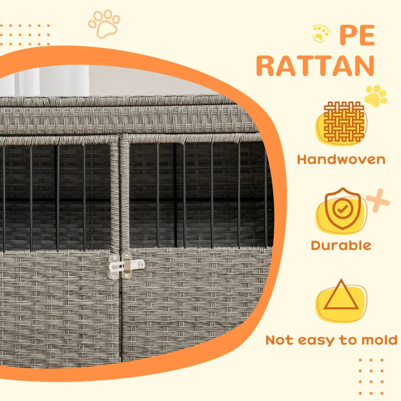 PawHut Rattan Dog Crate with Double Doors, Wicker Dog Cage with Soft Washable Cushion, Dog Kennel Furniture Outdoor Indoor for Medium to Large Sized Dogs, Gray