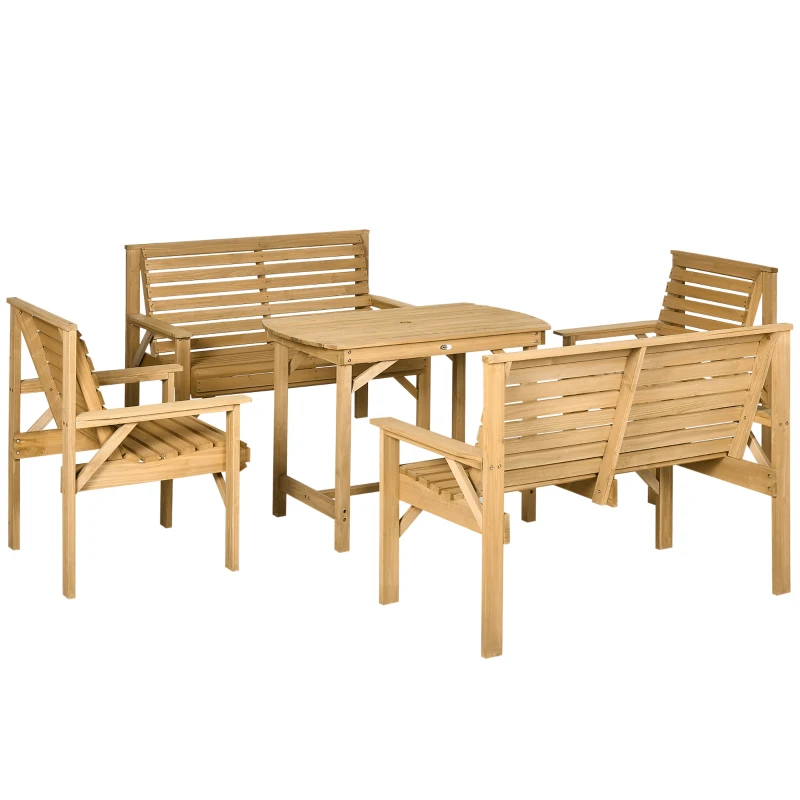 Outsunny 5 Piece Wooden Patio Dining Set for 6, Outdoor Conversation Set with 2 Armchairs, 2 Loveseats, and Dining Table with Umbrella Hole for Backyard, Garden, Light Brown