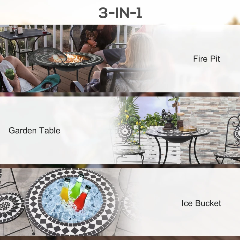 Outsunny 30" Outdoor Fire Pit Dining Table, 3-in-1 Round Wood Burning Fire Pit Bowl, Patio Ice Bucket with Storage Shelf, Spark Screen Cover for BBQ, Bonfire, Camping, Mosaic