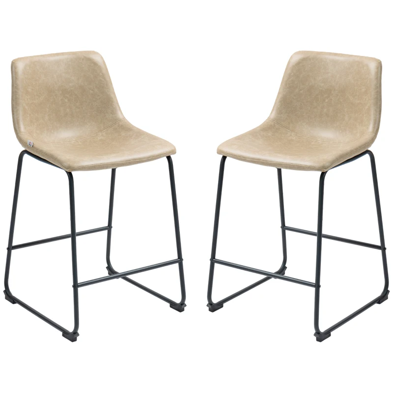 HOMCOM Counter Height Bar Stools Set of 2, Vintage PU Leather Bar Chairs, Kitchen Stool with Footrest, Beige