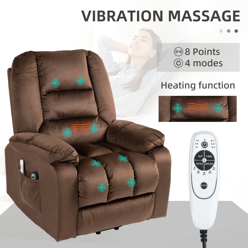 HOMCOM Lift Chair, Quick Assembly, Electric Riser and Recliner Chair with Vibration Massage, Heat, Side Pockets, Brown