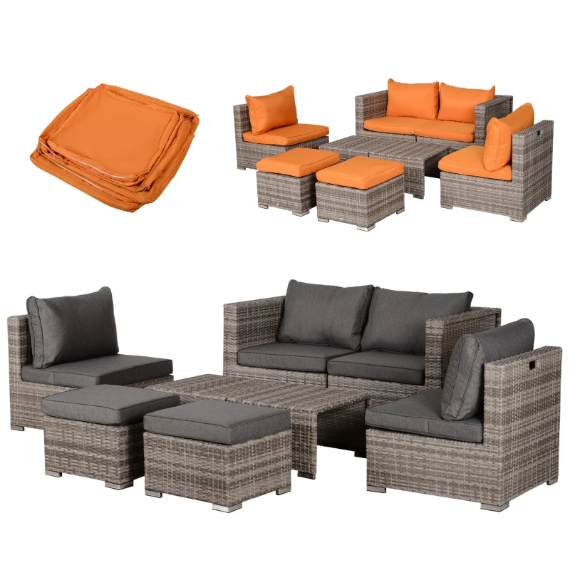 Outsunny 8 Pieces Patio Furniture Set, Outdoor Wicker Rattan Sofa Set Yard Conversation Seat Tea Table and Footstool Garden Patio Furniture w/ 2 Set Cushion Cover Grey & Orange