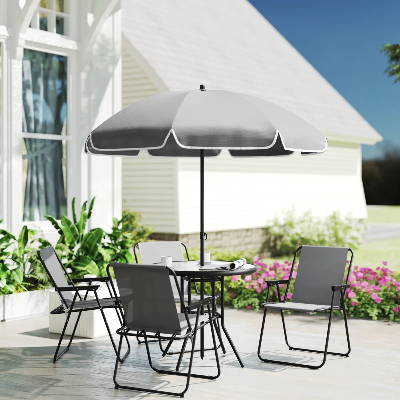 Outsunny 6 Pieces Patio Dining Set with Umbrella, Patio Furniture Set with Folding Chairs, Glass Table for Garden Backyard, Grey