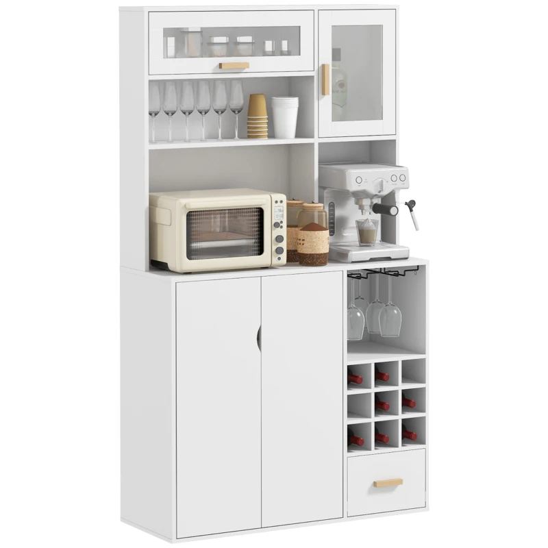 HOMCOM Coffee Bar Cabinet, Kitchen Hutch with Wine Storage, Microwave Countertop, Drawer and Tempered Glass Doors, White