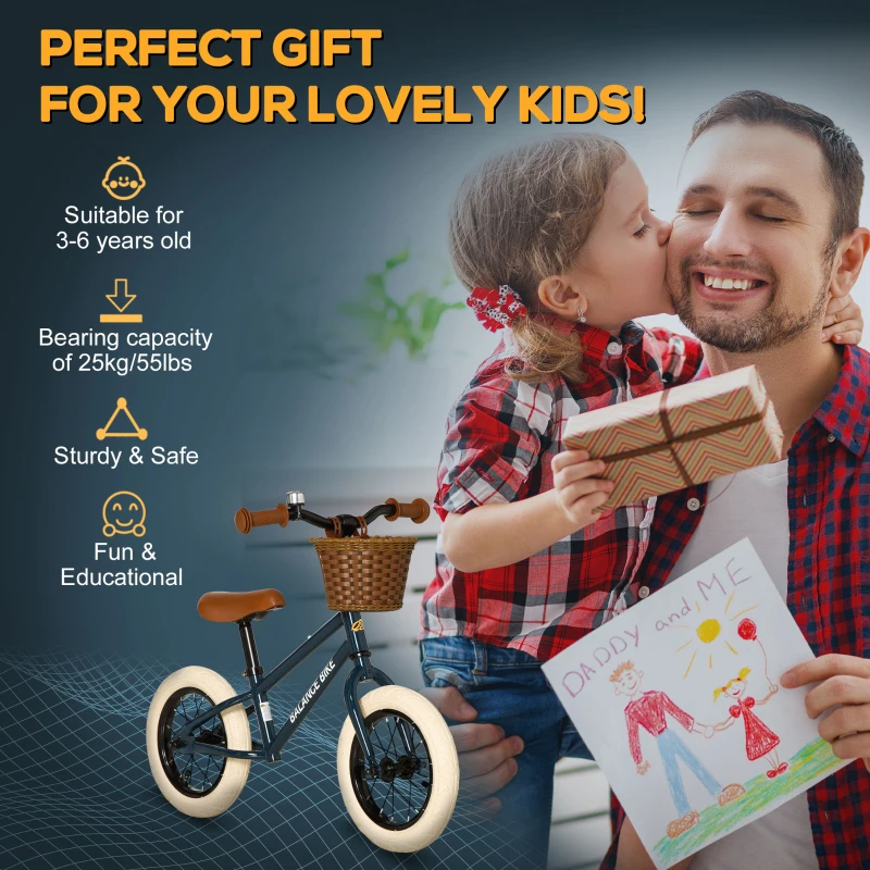 Qaba Kids Balance Bike with Basket, Adjustable Height Handlebars, Soft-Grip Push Bike with Bell, Rubber Tires, Skill-Improving Training Bike Ages 3-6, Little Kids Outdoor Toys