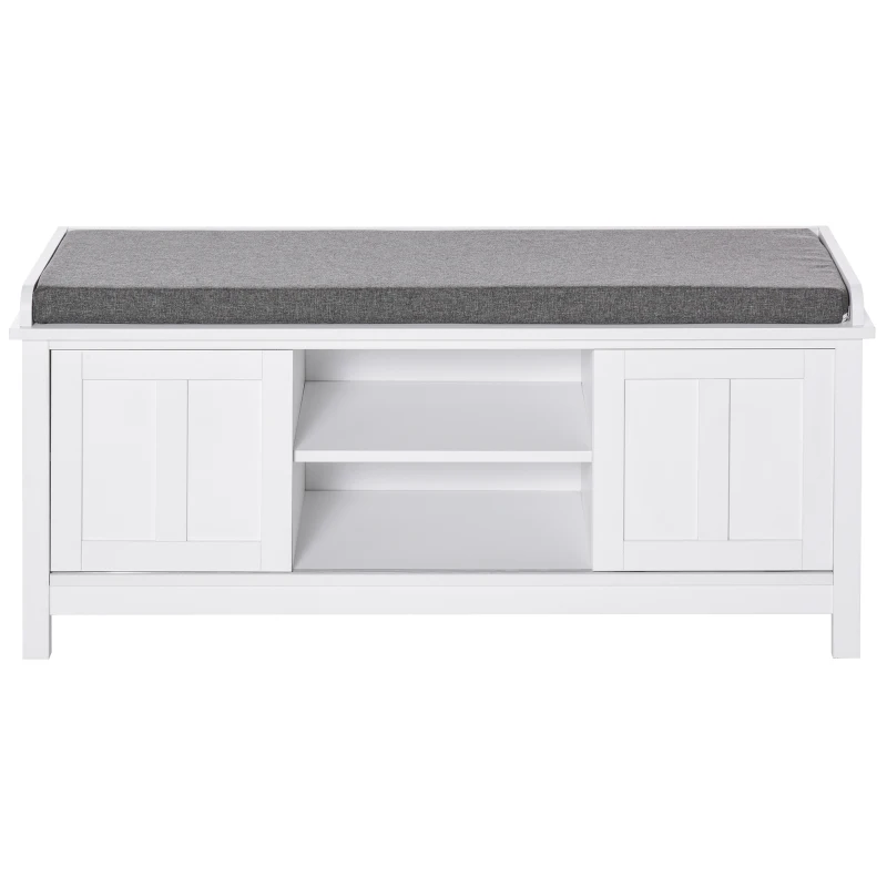 HOMCOM Entryway Shoe Bench Storage Ottoman with Sliding Doors, Adjustable Shelving, 6 Compartments, and Padded Seat, Holds 10 Pairs, White