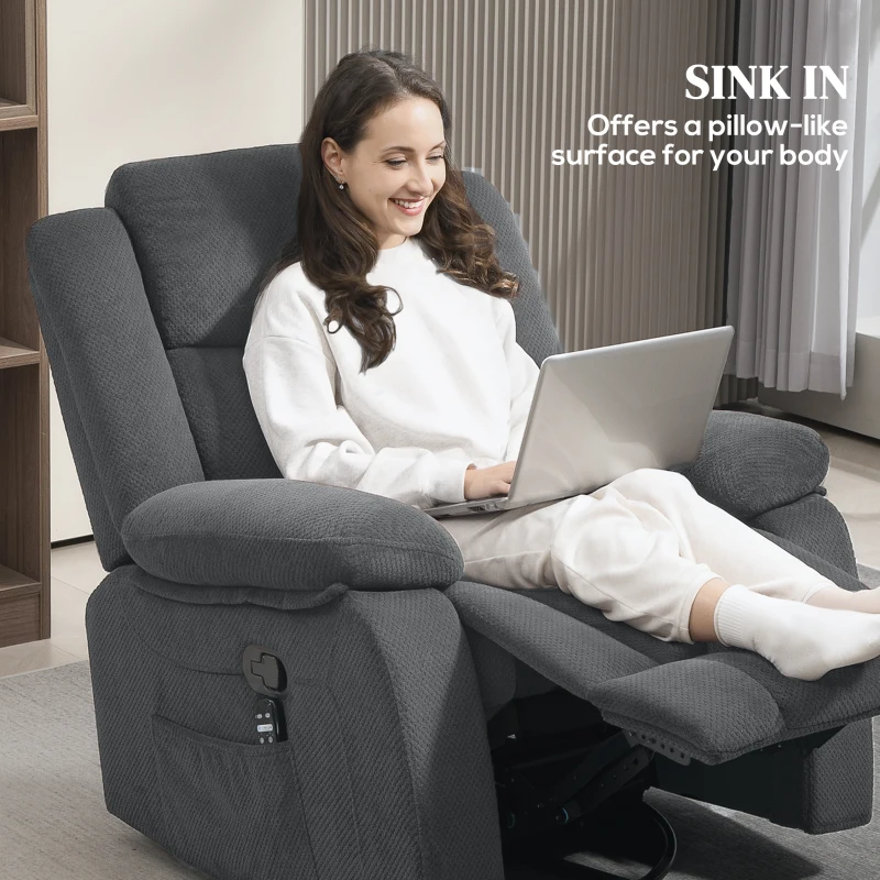 HOMCOM Recliner Massage Armchair with Heat, Oversized Swivel Rocker with Footrest, Remote and Side Pockets, Gray