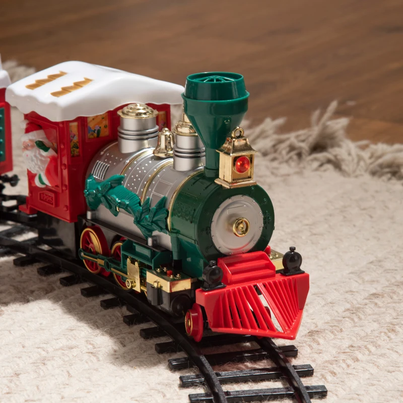 Qaba Electric Train Set for Kids, Battery-Powered Christmas Train Toy Set with Sounds & Lights, Classic Toy Train Set with Gifts Box for 3-8 Years Old Boys Girls, Red