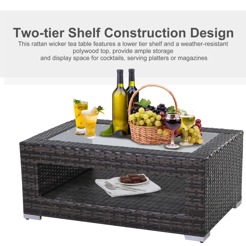 Outsunny 2-Tier Rattan Patio Coffee Table Outdoor Side Table PE Wicker Patio Garden Tea End Desk with Tempered Glass Top & Storage for Balcony, Backyard, Poolside