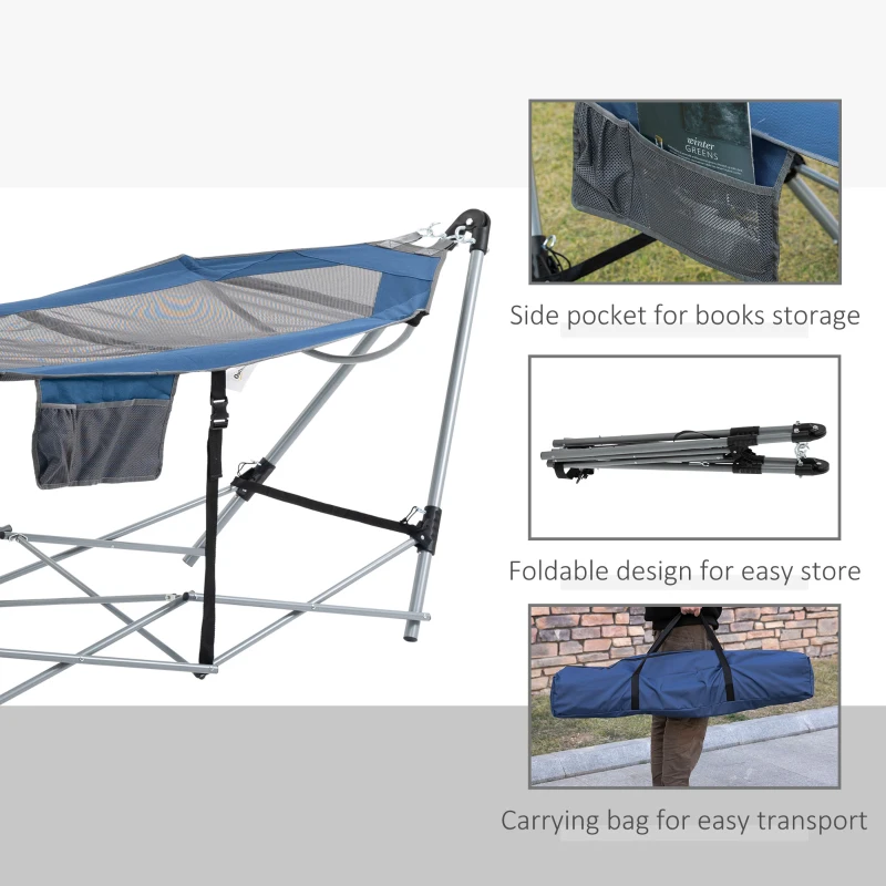 Outsunny Foldable Outdoor Hammock with Stand, Portable Hammock Bed with Carrying Bag and Pocket for Travel, Beach, Backyard, Patio, Hiking, Dark Blue