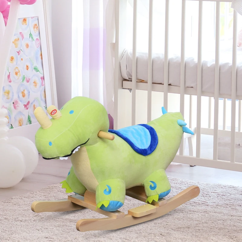 Qaba Kids Plush Ride-On Rocking Horse Toy Dinosaur Ride on Rocker Green with Realistic Sounds