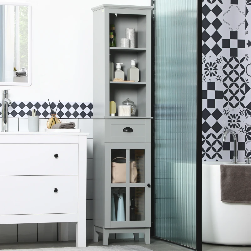 kleankin Slim Bathroom Storage Cabinet Door & Shelves Linen Tower, Gray