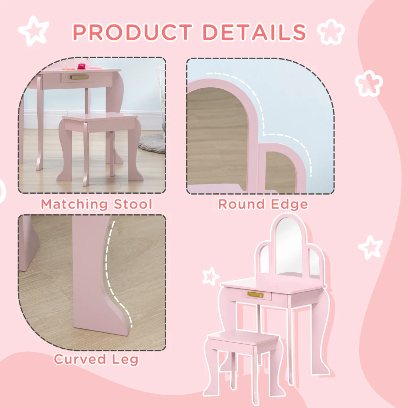 Qaba Kids Dressing Table and Chair Set, Girls Dressing Set, Makeup Desk with Drawer for 3-6 Years Old Kids, Pink