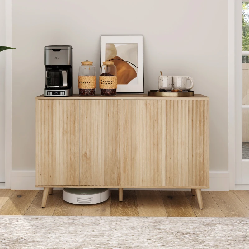 HOMCOM Buffet Cabinet with Storage Modern Fluted Sideboard with Adjustable Shelves Wood Legs for Dining Room Living Room Oak