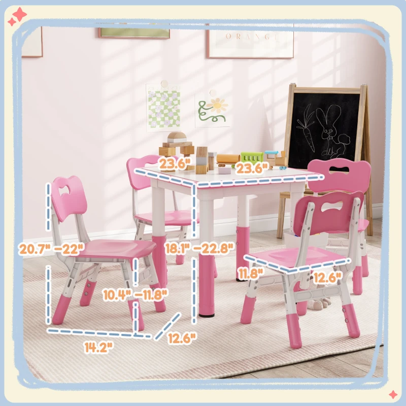 Qaba Height Adjustable 5pc Toddler Table and Chair Set with Storage Box, Easy to Wipe for 18 Months - 5 Years, Pink