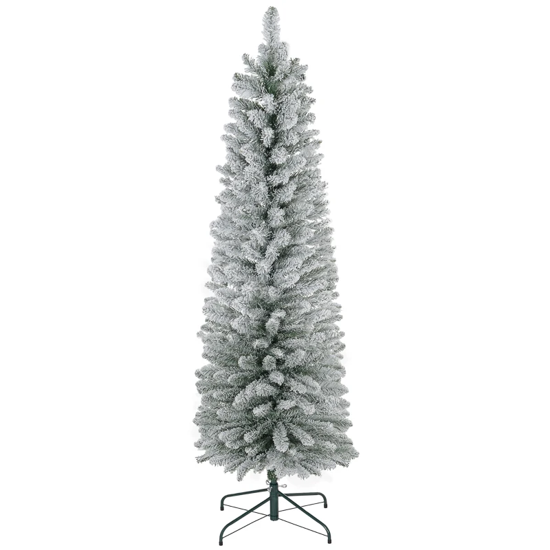 HOMCOM 5ft Artificial Christmas Tree, Snow Flocked Branches, Metal Base, Pencil Xmas Tree