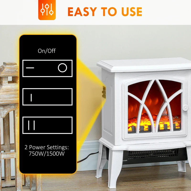 HOMCOM Electric Fireplace Heater, Freestanding Fireplace Stove with Realistic Flames Overheating Protection 750W/1500W, White