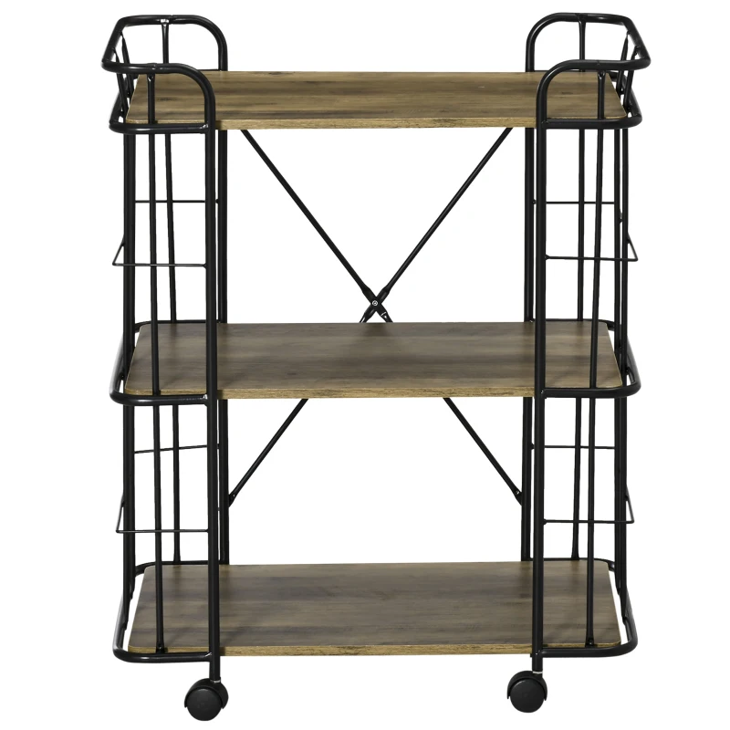 HOMCOM Bar Cart, Industrial Kitchen Cart with Wheels , Rolling Utility 3 Storage Shelves for Dining Room, Laundry Room, and Bathroom, Light Brown Wood Grain