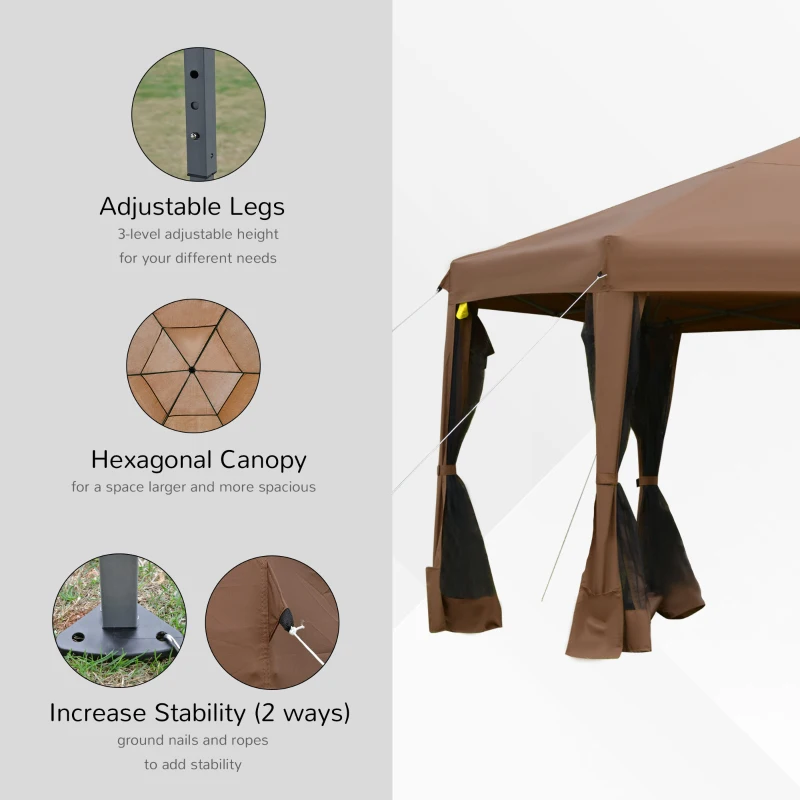 Outsunny 12.5' Pop Up Gazebo Hexagonal Canopy Tent Outdoor Shelter Pavilion Sun Protection with Mesh Sidewalls, Handy Bag, Dark Brown