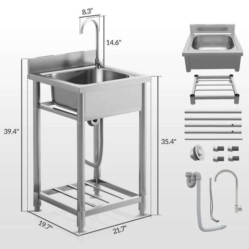 HOMCOM Stainless Steel Outdoor Utility Sink with Cold and Hot Water Pipe and Storage Shelf for Laundry Garage, 22"