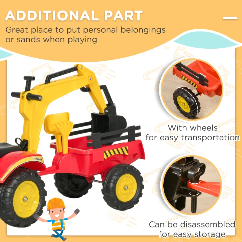 Aosom 3 in1 Kids Ride On Excavator/Bulldozer, Pedal Car Digger Toy Move Forward/Back with 6 Wheels and Detachable Cargo Trailer