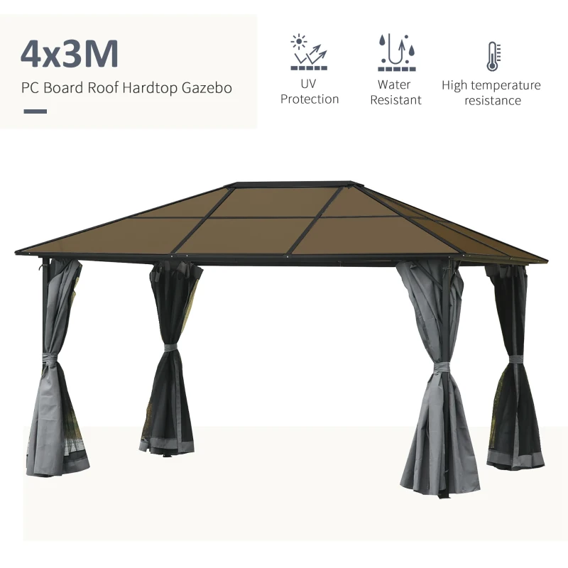 Outsunny 10' x 13' Hardtop Gazebo Aluminum Framed Marquee Party Tent Shelter with Mesh Curtains & Side Walls - Grey
