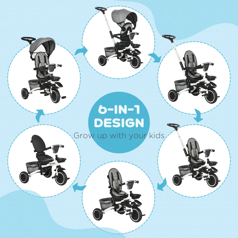 Aosom 6-in-1 Toddler Tricycle for 12-50 Months, Foldable Kids Trike with Adjustable Seat and Push Handle, Safety Harness, Removable Canopy, Footrest, Grey