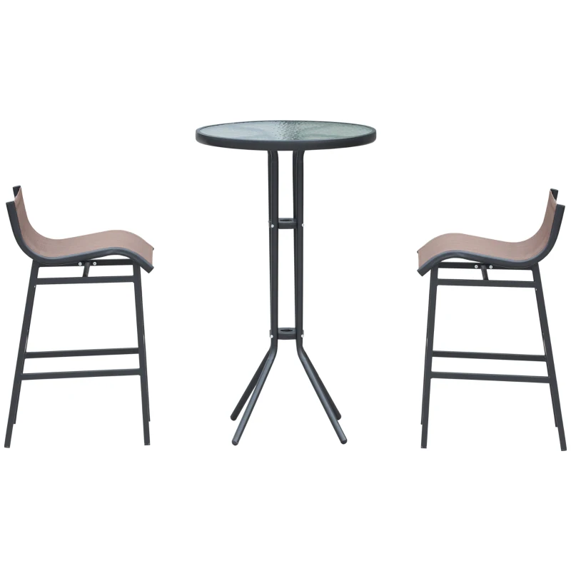 Outsunny 3Pcs Patio Bar Set, Outdoor Bistro Set with 2 Bar Stools and 1 Tempered Glass Bar Table, Dining Chat Set, Brown