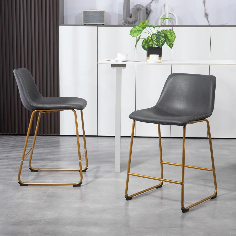 HOMCOM Counter Height Stools Set of 2, PU Leather Upholstered Stools for Kitchen Island, Modern Bar Chairs, Dark Grey