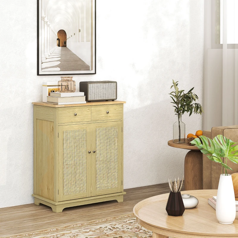 HOMCOM Kitchen Storage Cabinet, Sideboard Floor Cupboard with Solid Wood Top, Adjustable Shelf, and 2 Drawers, Natural