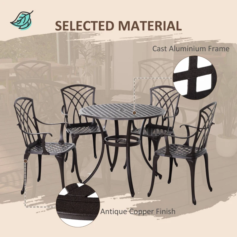 Outsunny 5 Pieces Outdoor Dining Set, Cast Aluminium Patio Table and Chairs with Parasol Hole, Patio Dining Set for 4, Brown